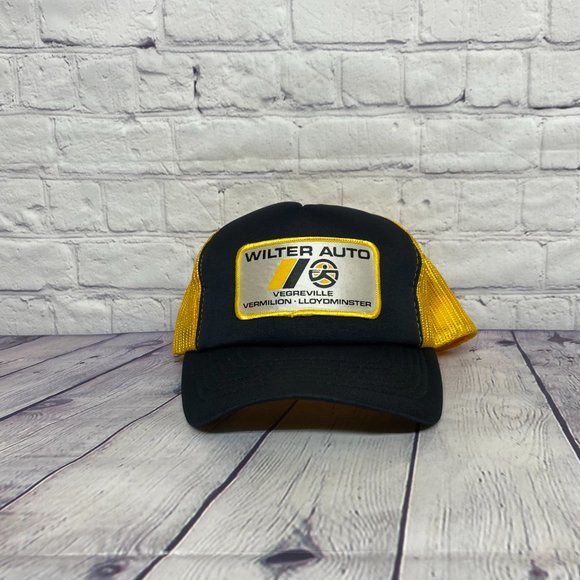 Vintage Hat Cap Snapback Black Yellow WILTER Auto UAP Trucker Bill Curved Item2 - Picture 5 of 8